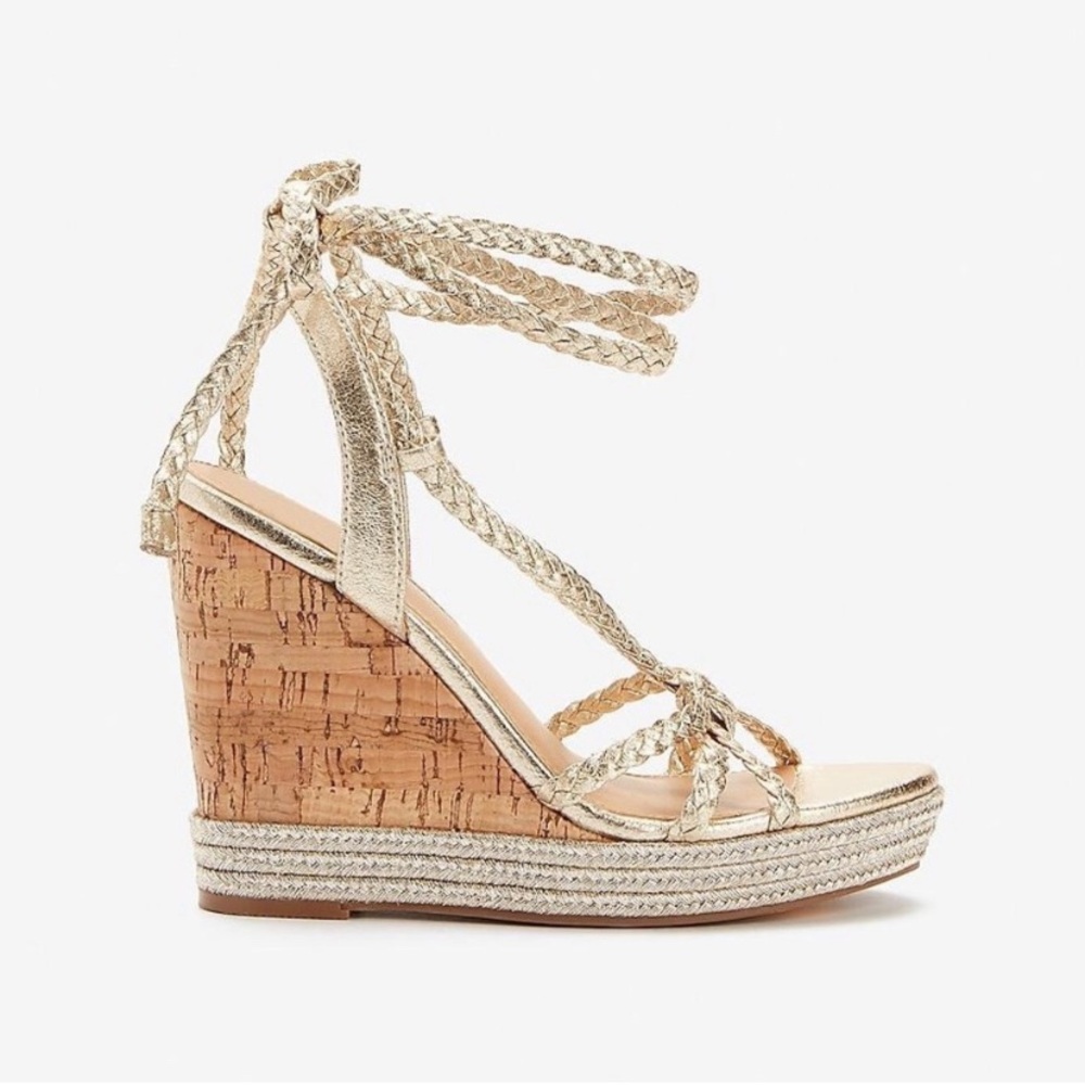 Women’s Metallic Woven Tie Cork Wedge Heel Sandals Gold Natural